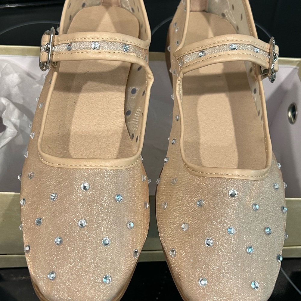 Beige/Pink Mary Jane Flats with Rhinestones Size 8